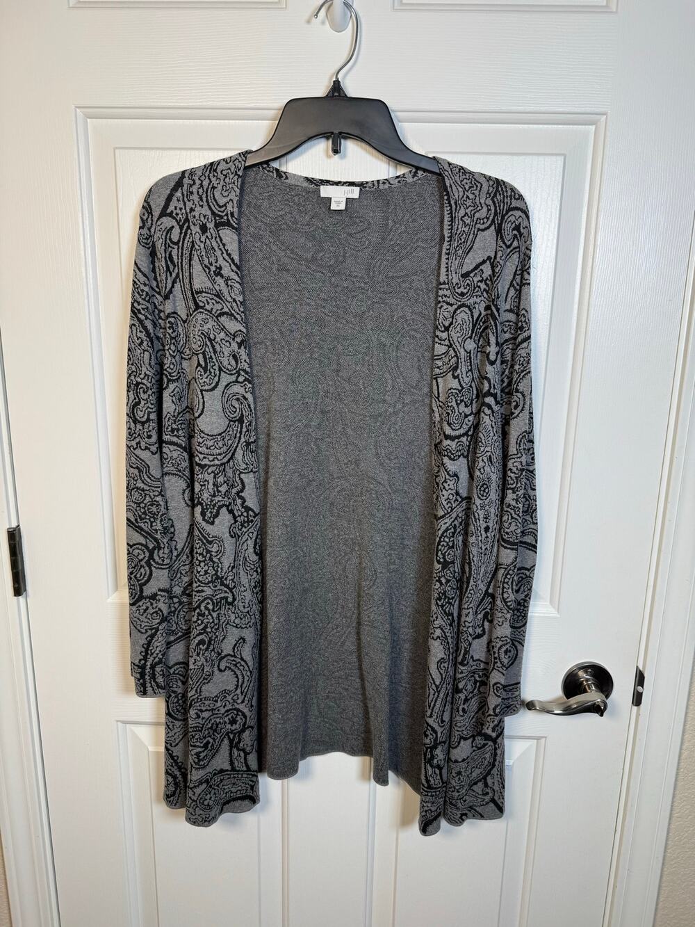 J. Jill Long Open Front Knit Cardigan Sweater Gray Black Paisley XS